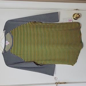 Lularoe Randy Top. Green and orange stripes with gray sleeves. Size medium